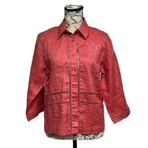 Jordan Coral Pink Button Up Linen 3/4 Blouse Modest Mature Beach Coastal M Boho